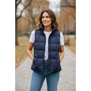 Lands End Womens Down Puffer Vest Navy Blue Full Zip Insulated Size L 14-16
